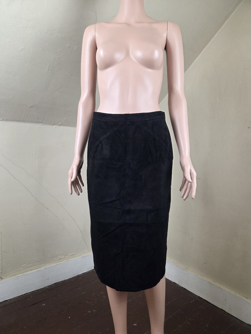 VTG John F Firenze Black Suede Leather Pencil Skirt Italy Women Size 44 US 8